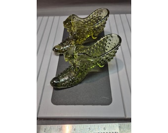 Vintage Fenton 2 Different Green Hobnail Glass Slipper Victorian Shoe Figurines