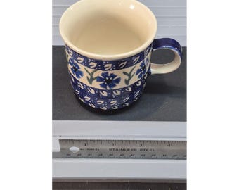 Wiza Boleslawiec Polish Pottery Coffee Mug Hand Made Blue Floral Cornflower