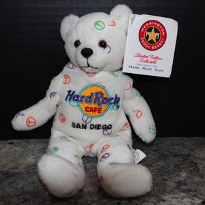 Hard Rock Café 2004 San Diego Peace Bear, Collectible Herrington Teddy Bear 8 inches tall with hang tag, Very Good to Excellent Condition