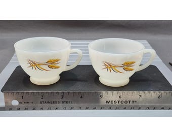 Fire-King Milk Glass Harvest Wheat Teacups Set of 2 Vintage White Gold