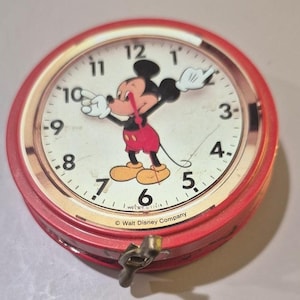 Vintage Mickey Mouse Clock Face Candy Tin West Germany Disney Fruit Drops Red