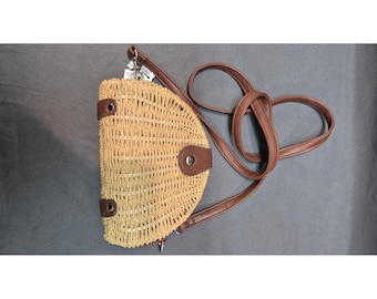 White House Black Market Straw Crossbody Bag Brown Woven Half Moon Summer Purse