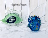 Vtg Pair of Large Blown glass Fish,blue art Glass Angel Fish,Green and black Glass fish paper weight,Hand blown glass fish,