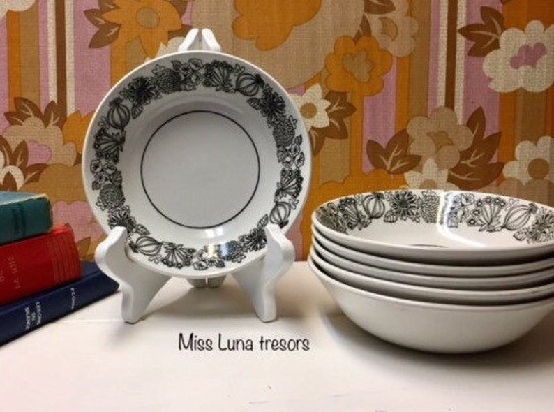 Ironstone black and white flowers and vegetables s Grindley Manitou set of 6 soup bowl Grindley cereal bowl Grindley white and black bowl