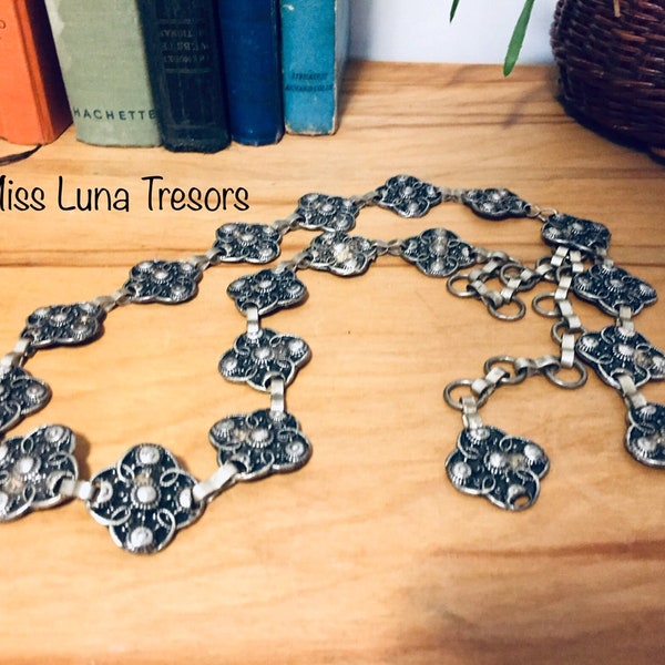 Vtg Silver Chain belt, Flower link belt, metal belt chain, metal belt for women