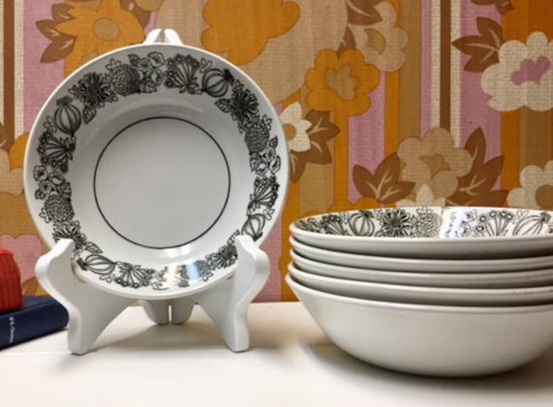 Ironstone black and white flowers and vegetables s Grindley Manitou set of 6 soup bowl Grindley cereal bowl Grindley white and black bowl