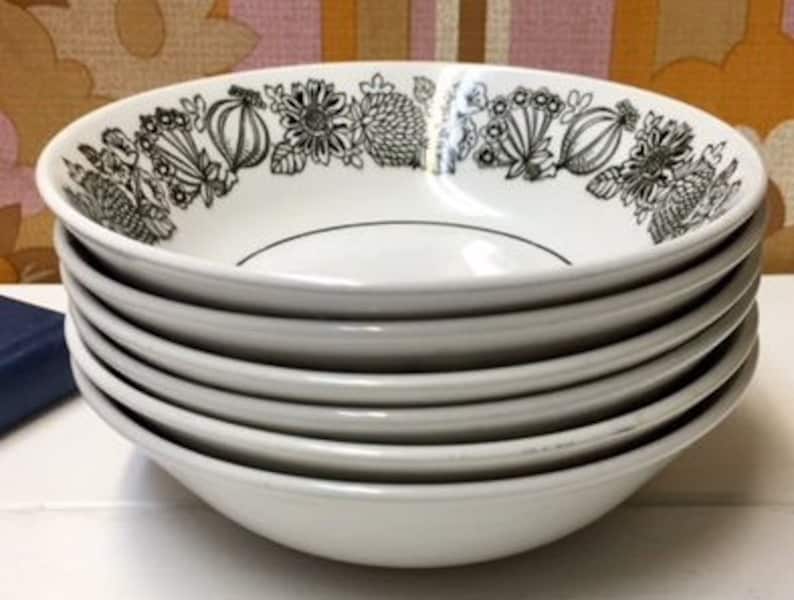 Ironstone black and white flowers and vegetables s Grindley Manitou set of 6 soup bowl Grindley cereal bowl Grindley white and black bowl