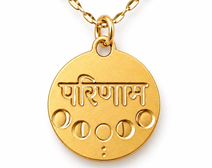 Parinama Necklace, Women’s Cycle Gift, Moon Phase Jewelry, Cyclical Living Pendant, Sanskrit Transformation Necklace