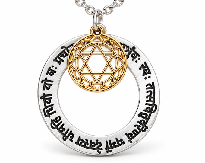 Gayatri Mantra Necklace, Sanskrit Yantra, Silver Plated