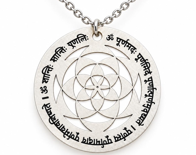 Purnamadah Mantra Necklace, Silver Sacred Geometry Pendant, Sanskrit Yoga Jewelry