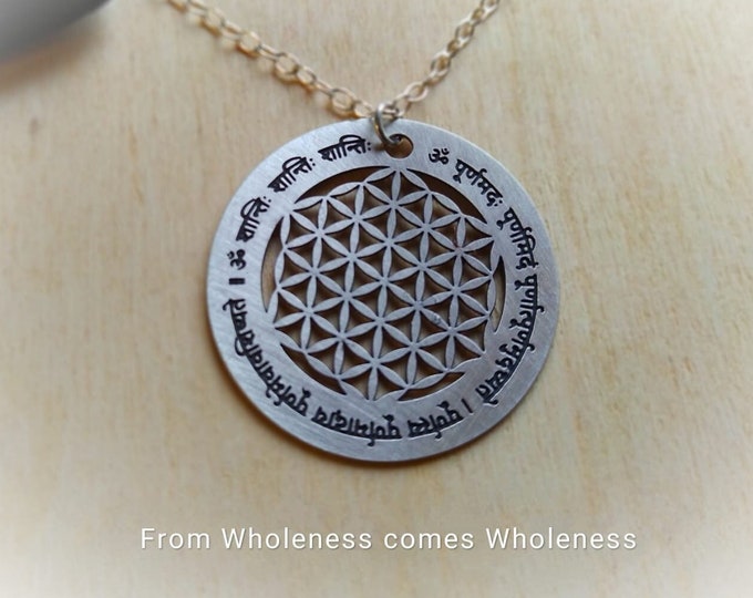 Seed of Life Necklace, Silver Flower, Sanskrit Mantra, Yoga Jewelry