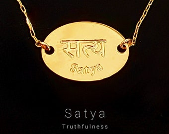 Satya Pendant Necklace, Yoga Jewelry, Gold Plated, Truthfulness Gift