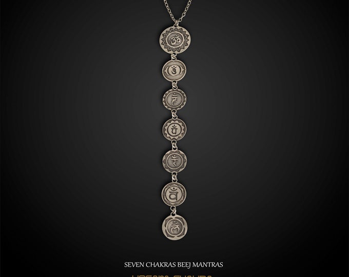 Seven Chakra Bija Mantra Necklace, Sterling Silver Yoga Jewelry