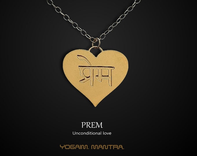 Gold Heart Sanskrit Engraving Necklace, PREM (love) Pendant, Mantra Necklace, Yoga Necklace, Heart Necklace, Heart Pendant, Yoga Jewelry