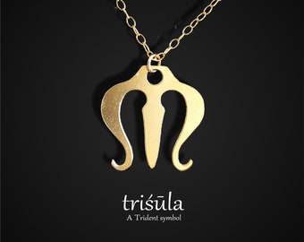 Trishul Pendant Necklace, Gold Plated Trident, Hindu Jewelry