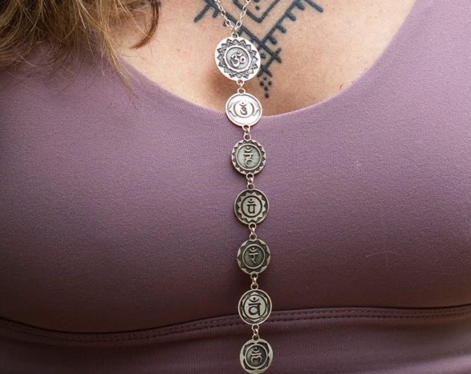 Lariat Chakra Necklace, Bija Mantra Pendant, Yoga Jewelry Gift