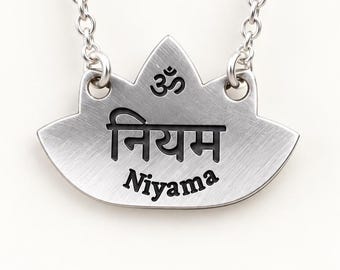 Niyama Lotus Necklace, Sanskrit Yoga Pendant, Eight Limbs of Yoga Jewelry, Yoga Teacher Gift, Gold or Silver Plated