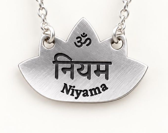 Niyama Lotus Necklace, Sanskrit Yoga Pendant, Eight Limbs of Yoga Jewelry, Yoga Teacher Gift, Gold or Silver Plated