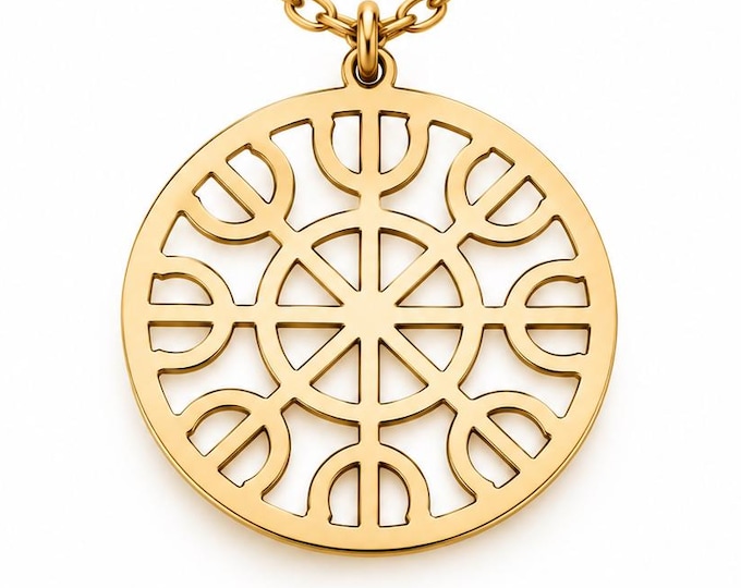 Dharmachakra Necklace, Gold Dharma Wheel Pendant, Buddhist Jewelry