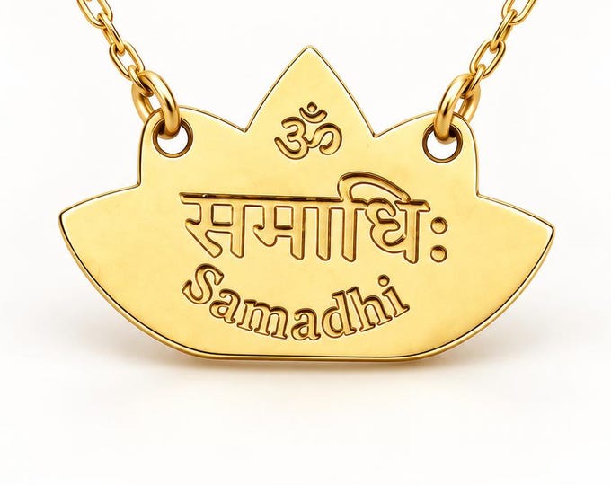 Samadhi Lotus Necklace, Sanskrit Yoga Pendant, Gold or Silver Plated Meditation Jewelry