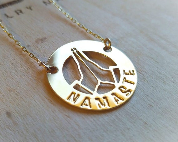 14k gold plated Namaste necklace, one piece jewelry.