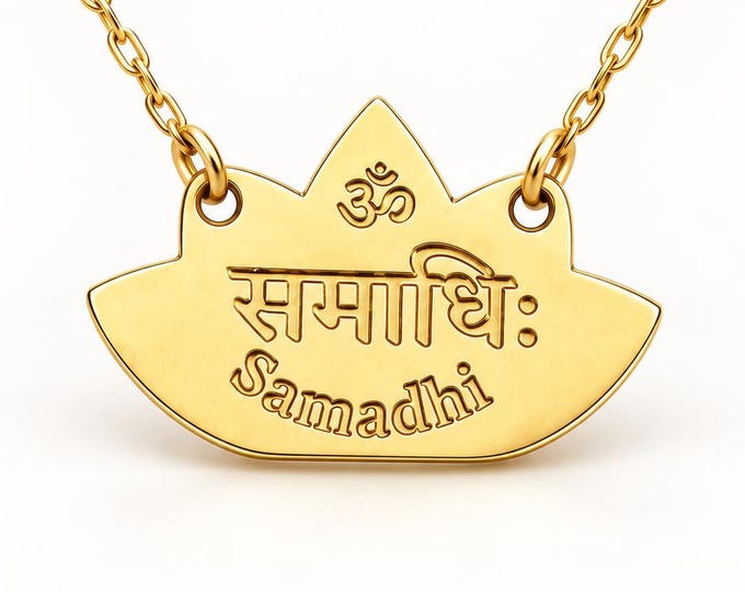 Samadhi Lotus Necklace, Sanskrit Yoga Pendant, Gold or Silver Plated Meditation Jewelry
