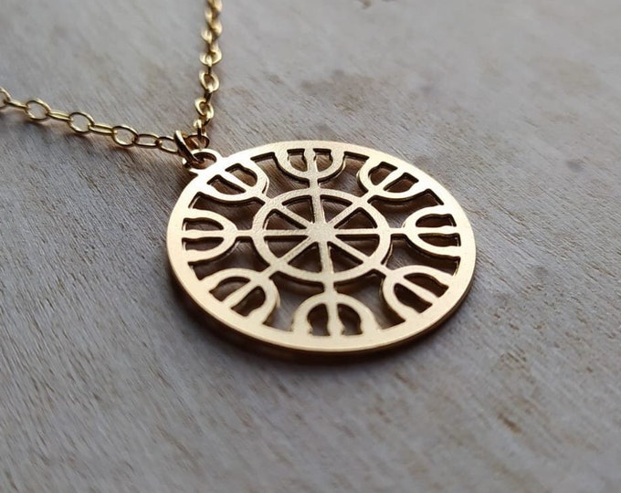 Dharmachakra Necklace, Gold Dharma Wheel Pendant, Buddhist Jewelry