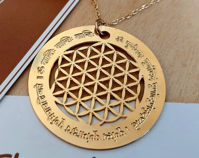 Gold Flower of Life Necklace, Sanskrit Mantra, Sacred Geometry