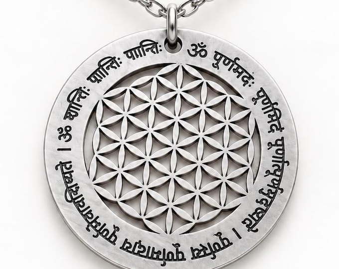 Flower of Life Necklace, Purnamadah Sanskrit Mantra Pendant, Sacred Geometry Jewelry, Upanishad Yoga Gift
