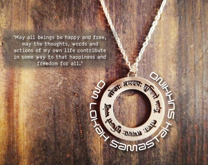 Om Lokah Samastah Sukhino Mantra Necklace, Silver Sanskrit Engraving