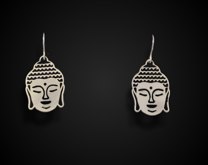 Dainty Buddha Dangle Earrings, Silver Plated, Buddhist Jewelry
