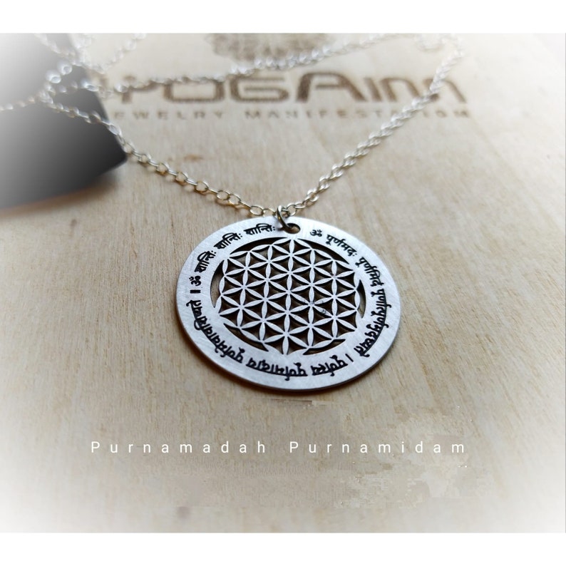 Om Purnamadah Necklace, Sanskrit Mantra Necklace, Sacred Geometry Jewelry, Flower of life Necklace, Yoga Necklace, Spiritual Necklace image 4