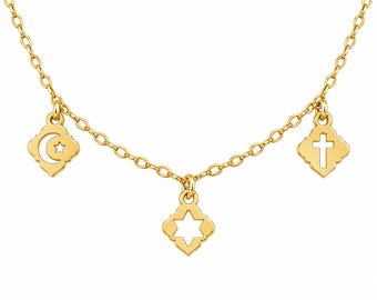 Interfaith Necklace, Cross Star of David & Crescent Moon Charms, All Is One Jewelry, Religious Harmony Necklace, Peace and Unity Gift