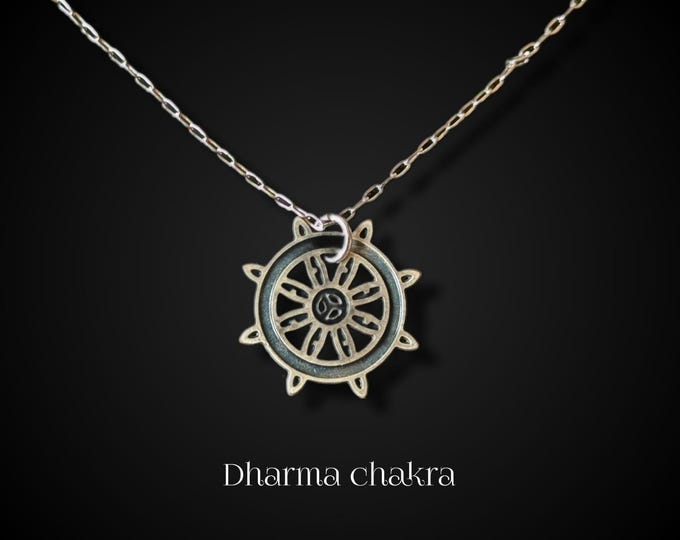 Dainty Dharma Wheel Necklace, Gold or Silver, Buddhist Eightfold Path