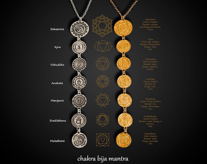 Featured listing image: Two Chakra Bija Mantra Necklaces, Yoga Necklace, Hindu Necklace, Long Chakra Jewelry, Chakra Gift, Yoga Jewelry, Symbol Necklace