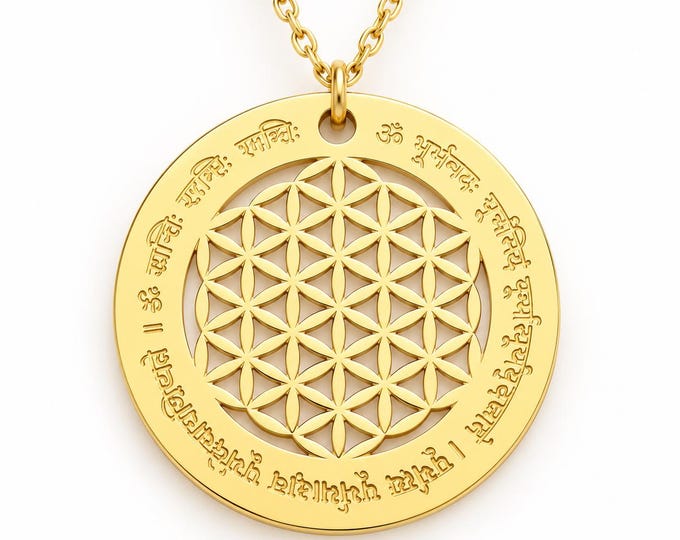 Seed of Life Necklace, Silver Flower, Sanskrit Mantra, Yoga Jewelry