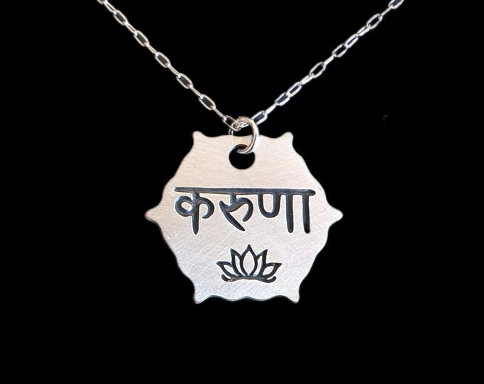 Karuna Sanskrit Pendant, Lotus Necklace, Silver Plated