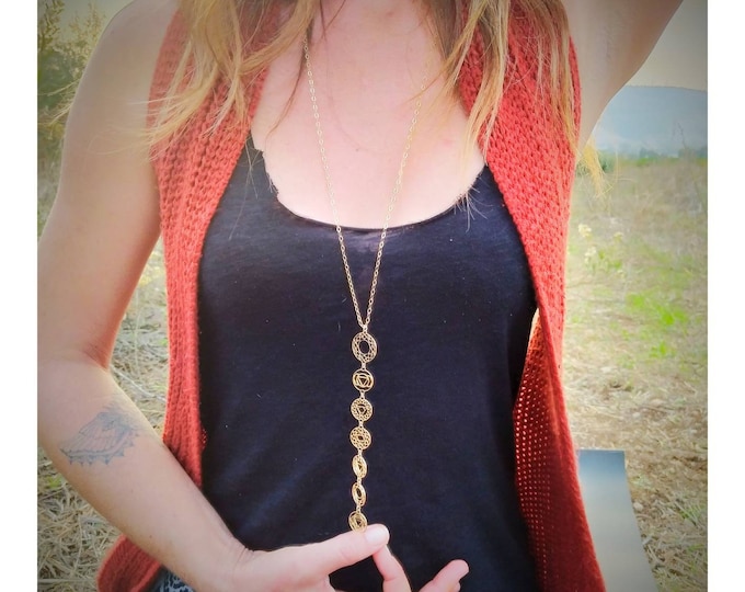 Seven Chakra Yantra Necklace, Gold Plated, Yoga Jewelry