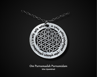 Om Purnamadah Necklace, Sanskrit Mantra Necklace, Sacred Geometry Jewelry, Flower of life Necklace, Yoga Necklace, Spiritual Necklace