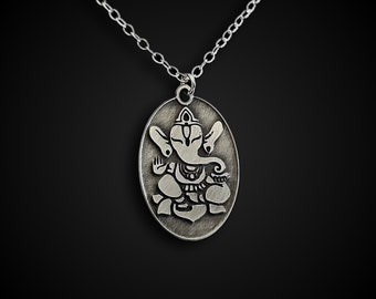Lord Ganesh Necklace, Silver Elephant Pendant, Hindu Gift