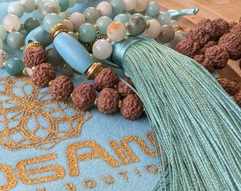 Amazonite 108 Mala Necklace, Rudraksha Beads, Heart Chakra