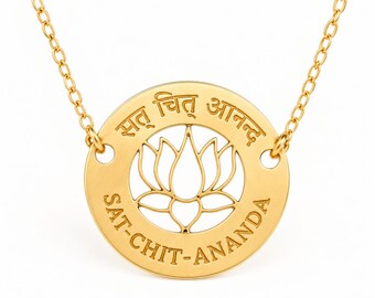 Sat Chit Ananda Necklace, Sanskrit Lotus Pendant, Spiritual Gift for New Beginnings, Yoga Meditation Jewelry