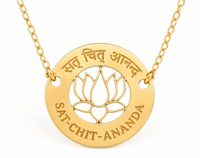 Sat Chit Ananda Necklace, Sanskrit Lotus Pendant, Spiritual Gift for New Beginnings, Yoga Meditation Jewelry