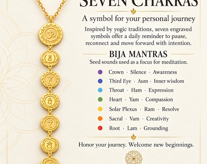 Seven Chakra Necklace, Sanskrit Mantra Pendant, Symbolic Jewelry, New Beginnings Gift, Meditation Necklace