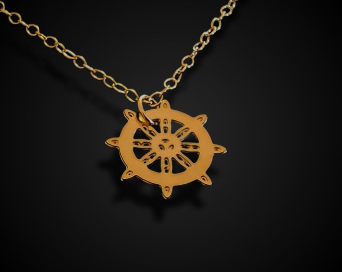 Dharma Wheel Necklace, 14k Gold Plated, Buddhist Pendant