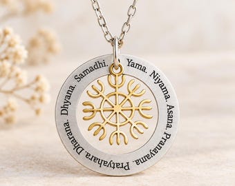 Yoga Philosophy Necklace, Eight Limbs of Yoga Pendant, Patanjali Ashtanga Yantra