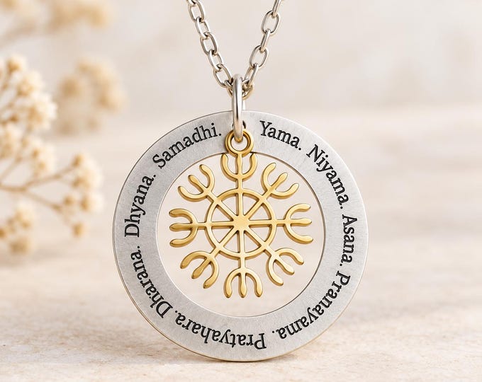 Yoga Philosophy Necklace, Eight Limbs of Yoga Pendant, Patanjali Ashtanga Yantra