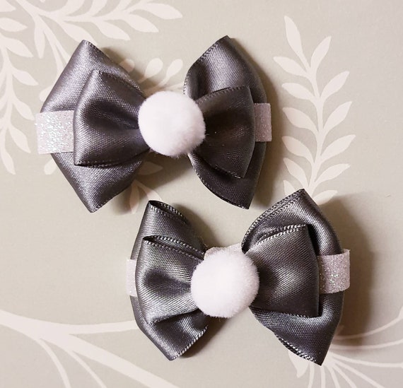 Silver Grey HAIR clips BOWS GIRLS HAIR CLIPS Hair Bows Silver pair of hair clip