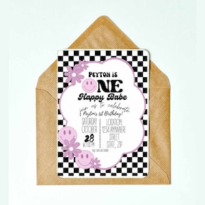 One Happy Babe - Groovy - Retro Party - Retro Birthday - Groovy Party - Groovy Birthday - Birthday - Digital Invitations