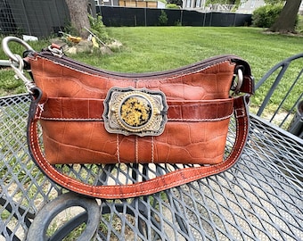Gold Flake Belt Buckle on Upcycled Fossil® Leather Hand/Shoulder Bag - 100% recycled materials, made in USA